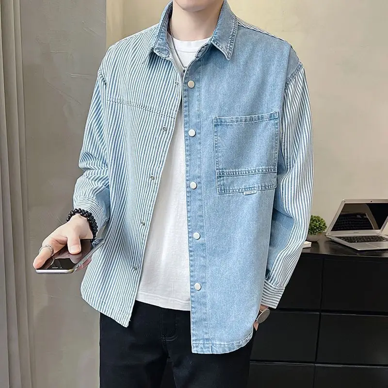 Spring Autumn New Fashion Turn-down Collar Long Sleeve Blouse Men's Clothing Patchwork Color Blocking Striped Korean Trend Shirt