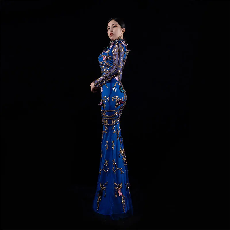 Baisha Royal Blue Evening Dress Long Skirt Handmade Beading 3d Butterfly Design Party Show Luxury Mesh Costume فساتين للمناسH617