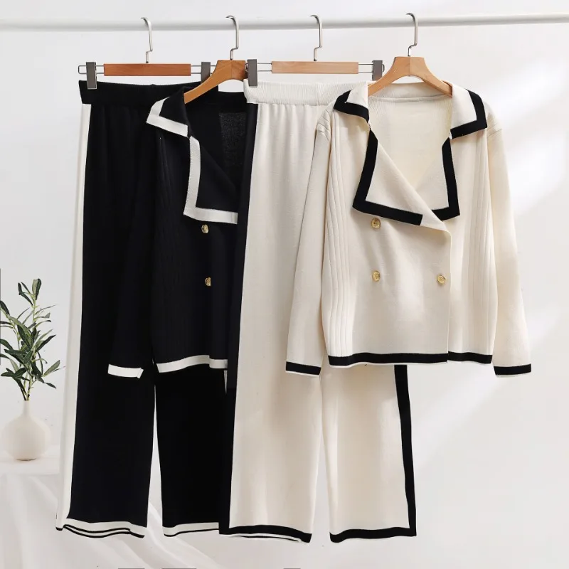 Lapel Casual Lazy Tops Sweater  female Pants Set Winter New Fashion Color-block Long-sleeved Pants Women Two-piece Set Elegant