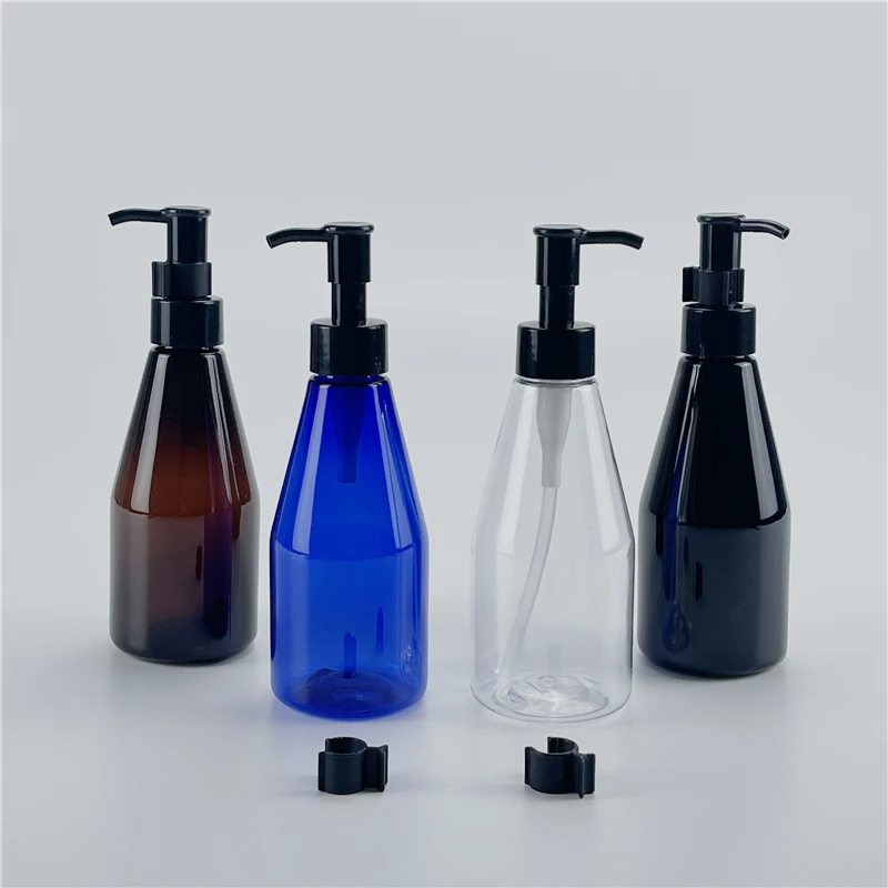 Clear Black Brown Blue 200ML X 25 Plastic Conical Bottles With Essential oil Pump Massage Oil Cleaning Oil Cosmetics Containers