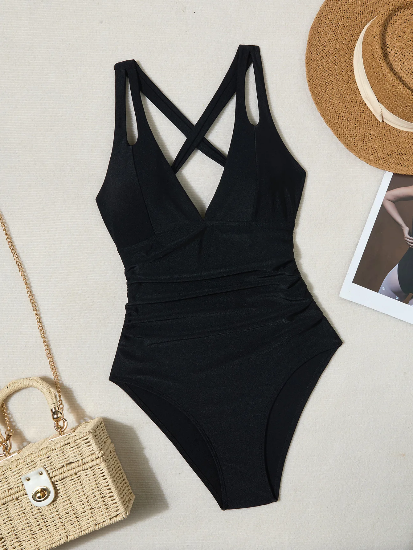 Women's Solid Color Ruched Backless One-Piece Bikini Sexy Strappy Monokini Swimsuit Beach Vacation Tummy Control Swimwear Summer
