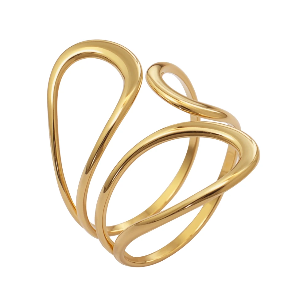 

JINHUI Irregular Wave Stainless Steel Opening Ring Gold Color Adjustable Rings for Women Men Luxury Jewelry Gifts