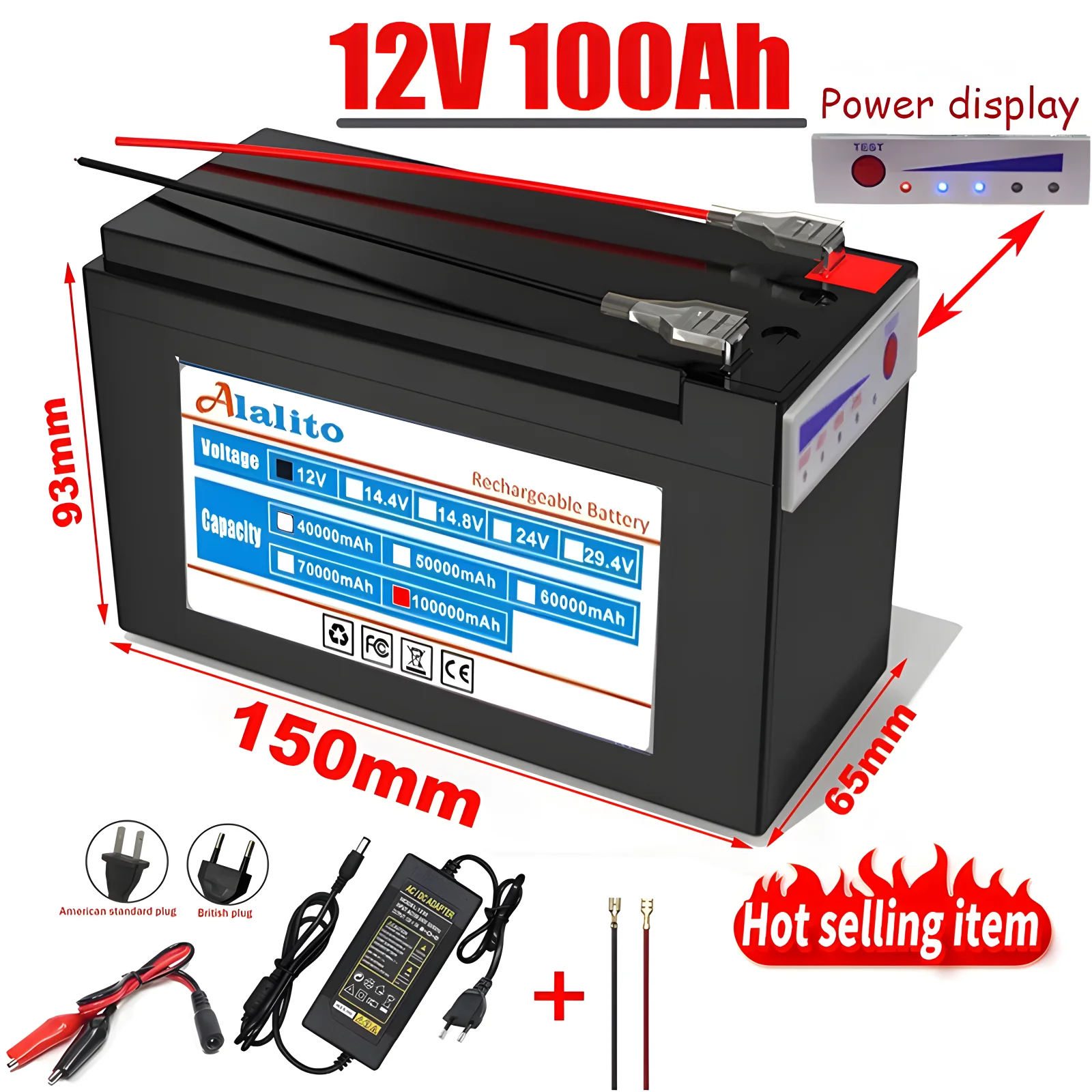 

12V 100Ah 18650 lithium battery for solar energy built-in high current 30A BMS electric vehicle battery+12.6V charger