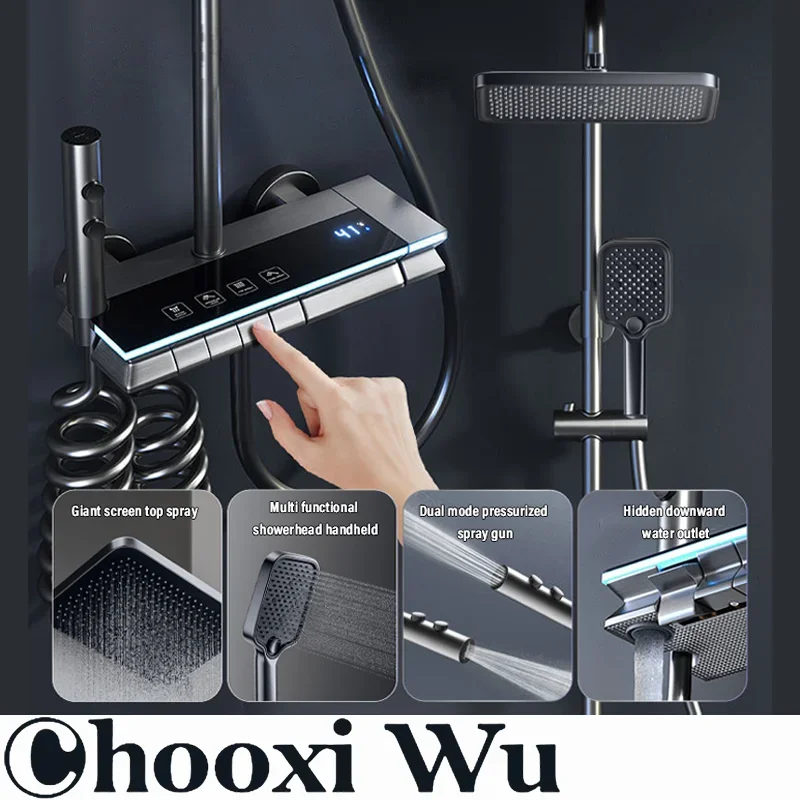 

Hot Cold Digital Piano Shower Set Newly Ambient Lighting Led Piano Digital Bathrooom Shower System Brass Grey Bathroom Faucets