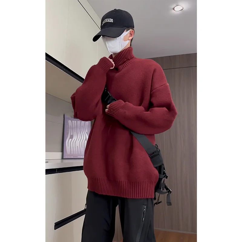 

Red High Collar Knitted Sweater Men's Winter Faionable Base Layer irt American Lazy Sle Knitwear Casual Loose Fit