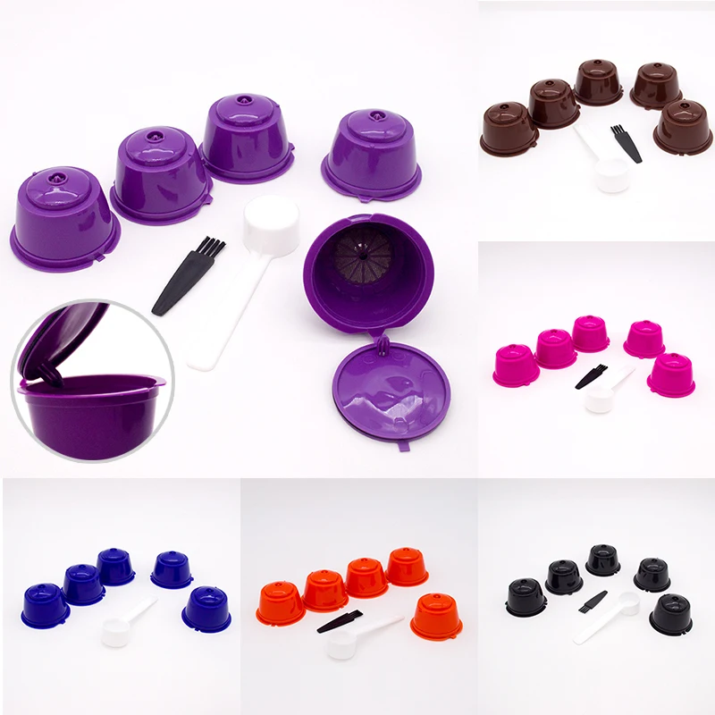 5pcs Refillable Reusable Coffee Capsule Filters for Nespresso Coffee Machine with Brush Spoon