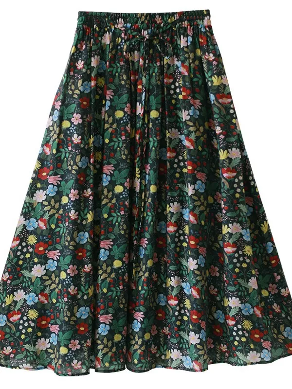 

Юбка-миди из шелкового льна в стиле ретро с цветочным принтом, женская свободная утягивающая юбка-миди трапециевидной формы, лето 202, с высокой талией для поездок на работу