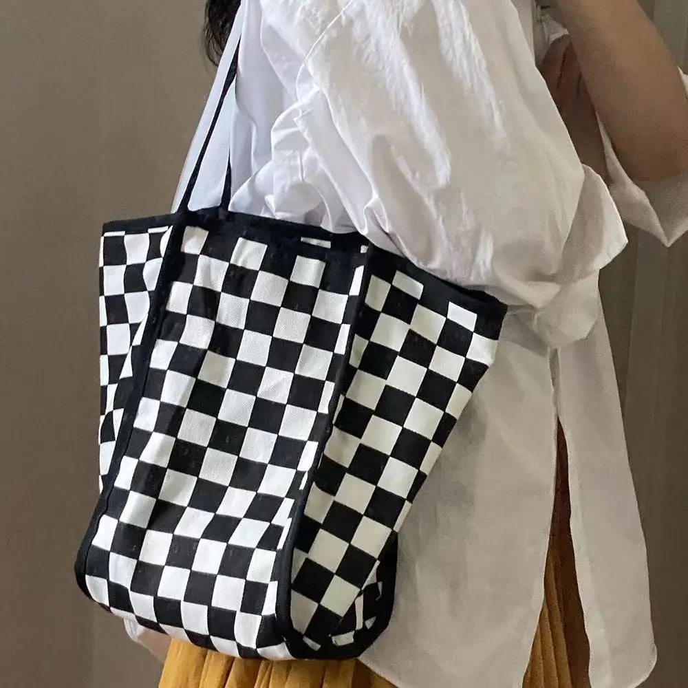 Women Tote Bag Canvas Plaid Checkerboard Shoulder Bag Purses And Handbags High-Capacity Girls Bag Simple