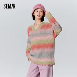 Semir Sweater Women Mid-Length Loose Personality Lazy 2024 New Winter V-Neck Gradient Minority Sweet Cool Striped Shirt