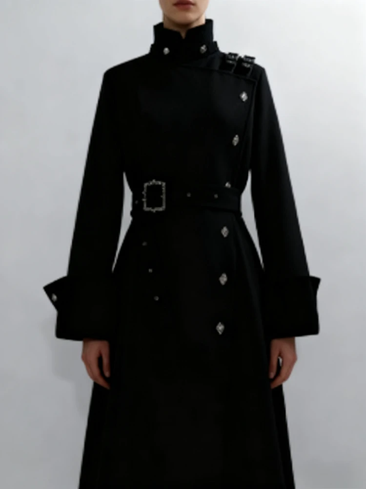 Aesthetic Gothic Style Elegant Long Woolen Coat Women Waist Tie Slimming Warm Overcoat 2025 Autumn Winter Elegant Fashion Outfit