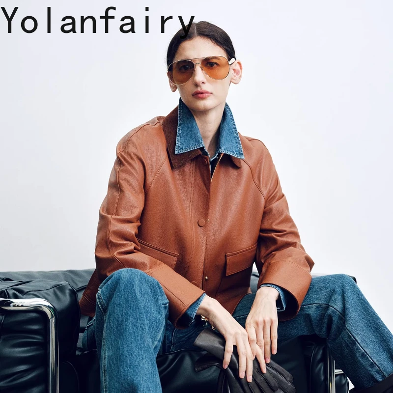 YOLANFAIRY herfst geïmporteerd lamsleer vintage stijl Leer Korte lengte Polokraag goudbruin Leren jas 가 • Allaidad 2025