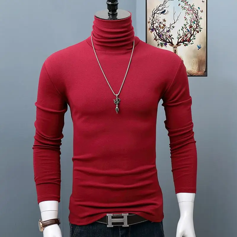 Men's Classic Autumn Winter Turtleneck T-Shirt Dark Red Stretch Casual Turtleneck Top Plus Size Long Sleeve Tee Shirts Young Men