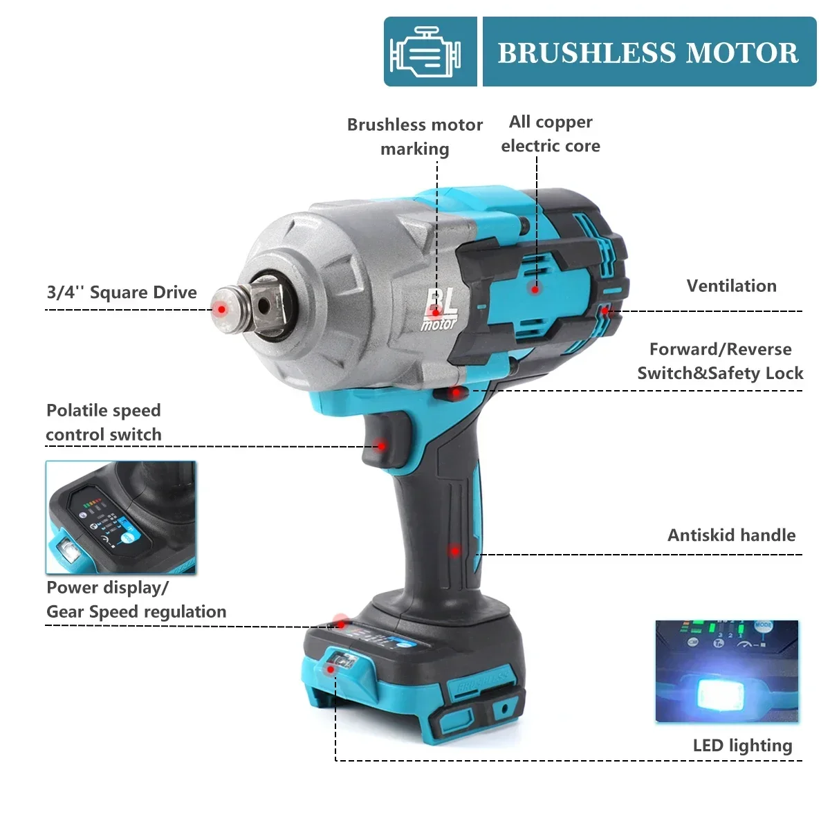 2100N.m Brushless Electric Impact Wrench 3/4 inch Socket Wrench High Torque Cordless Driver Tool for Makita 18V Battery