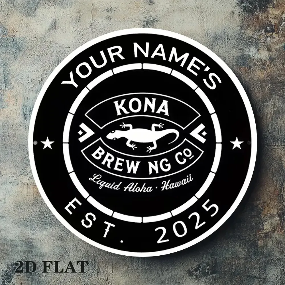 CIFbuy Round Kona Brewing Metal Plaque,Personalized Custom Text Hawaii Gecko Aloha Beer Bar Wall Ornament (Only For Decoration)