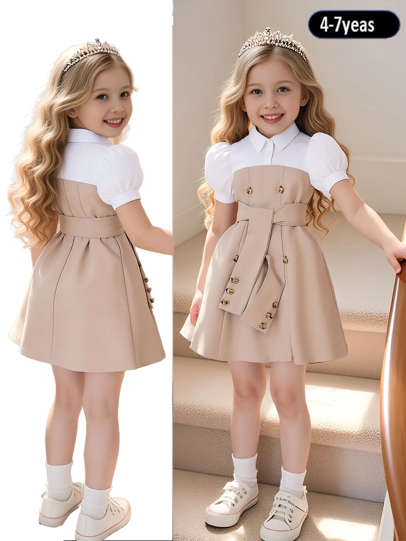 Vestido de Princesa con Mangas Abullonadas para Niñas de 4 a 7 Años - Bloques de Color en Tonos Tierra, Cuello Peter Pan, Resistente para Actividades al Aire Libre