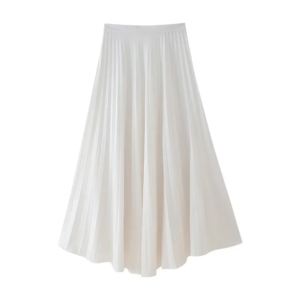 

TRAF ZR Summer 2024 Chiffon Long Skirts with Folds Cozy Basic Pleated Y2k Skirt Side Hidden Zip Flowy Stylish A-line Skirt White