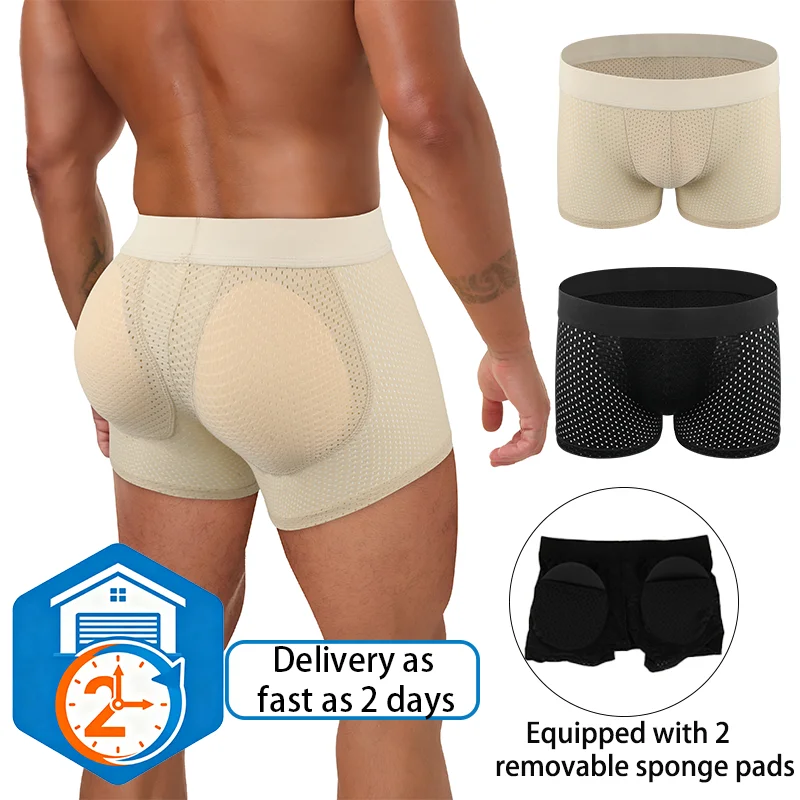 Men's Sexy Boxer Breathable Mesh Underwear Removable Padded Shorts High Stretch Soft Brief Butt Lifter Shapewear Underwear