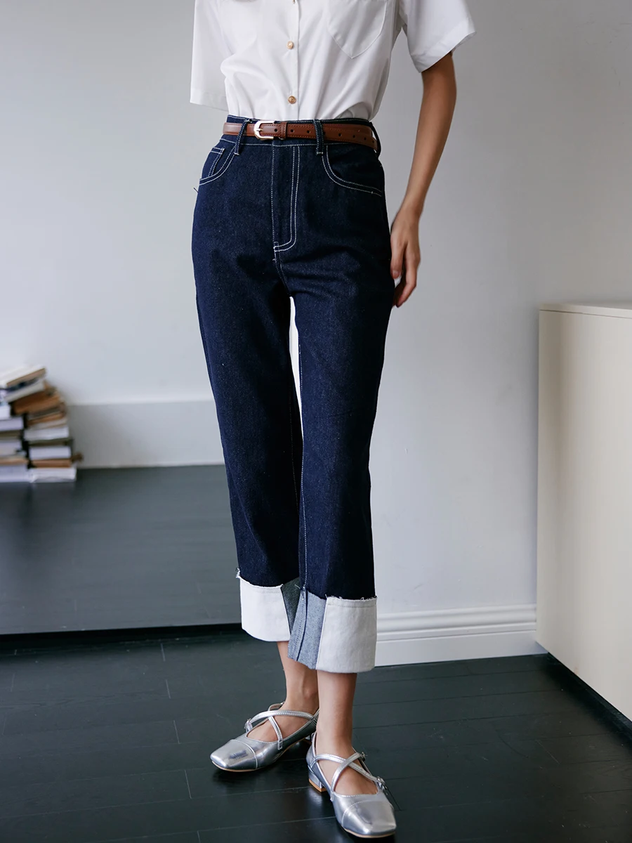 

Джинсы женские прямые с высокой талией, облегающие, с лоскутным дизайном, темно-синие, с манжетами, базовый слой, длинные брюки, осень 2023, модные