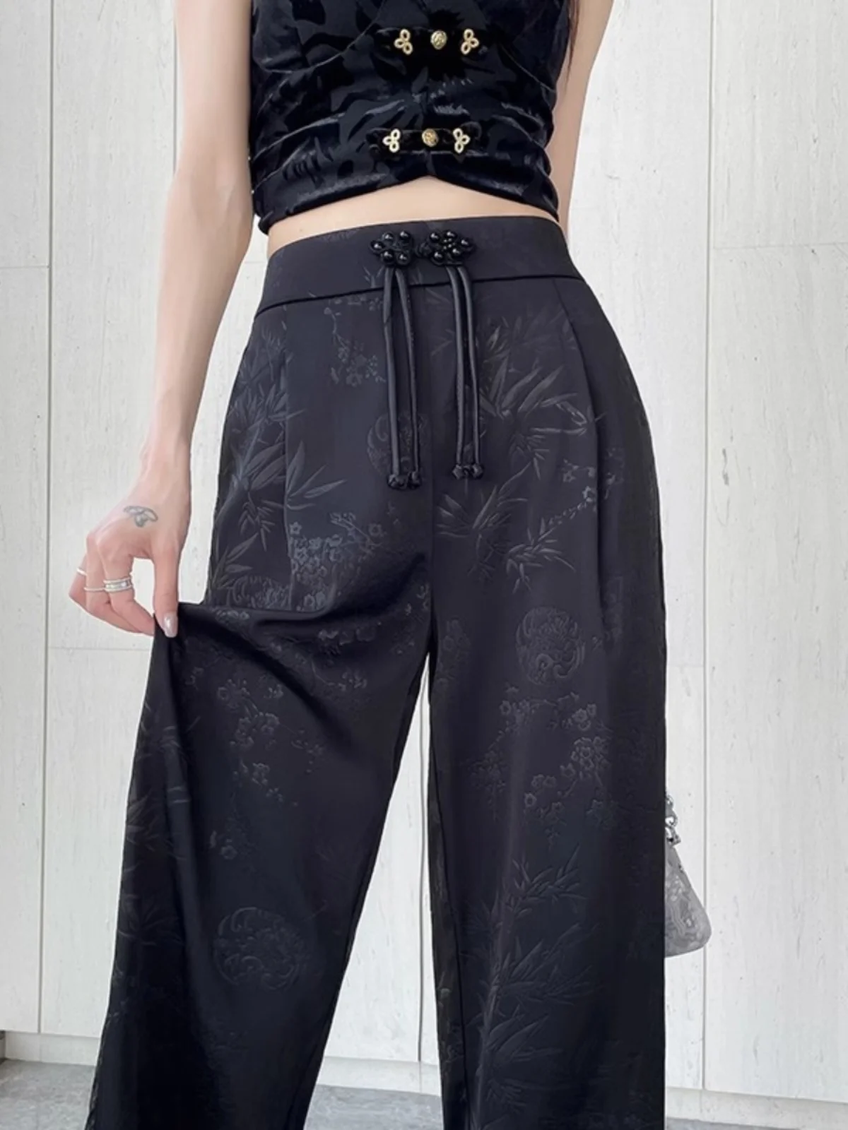 New Chinese Style Wide Leg Pants Women's Spring Summer Thin Satin Casual High Waist Straight Leg Pants Floral Embroidery