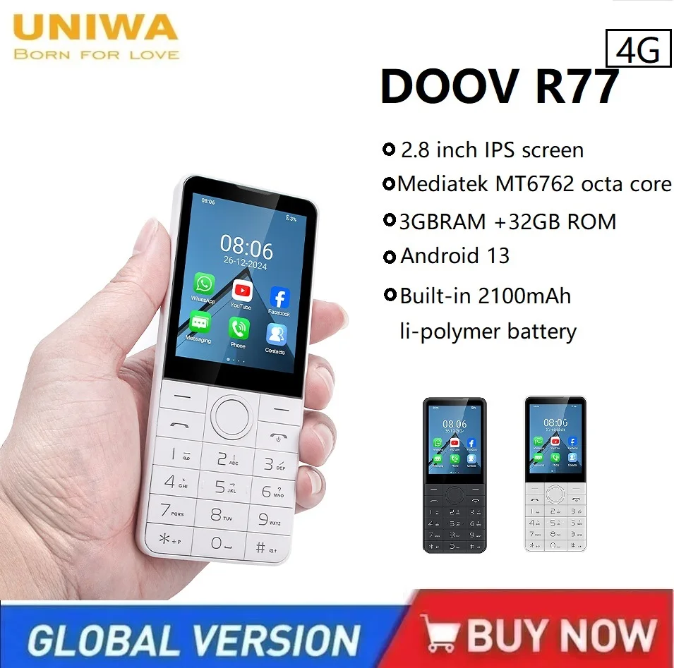 UNIWA DOOV R77 4G Mobile Phone Smart Touch Screen Whatsapp Android 13 Keypad Phones 2.8