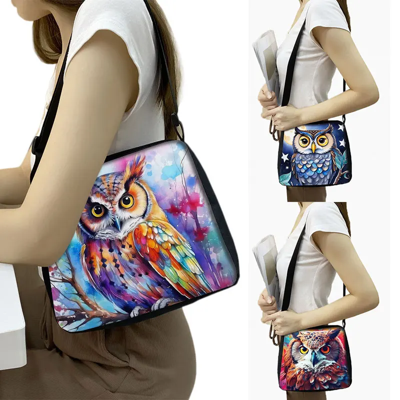 Cool Owl with Flowers Print Shoulder Bag Colorful Great Horned Owl Women Handbag White Owl Phone Holder Crossbody Messager Bag