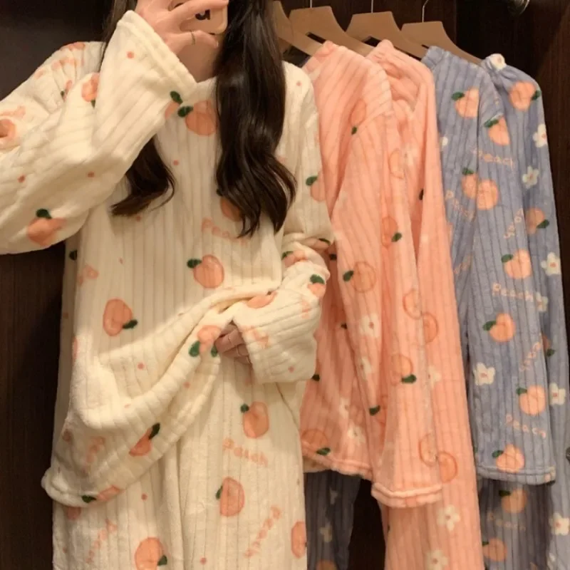 Kawaii Women Pyjamas Sets Autumn Winter Warm Flannel Thick Homewear Long Sleeve Cartoon Sleepwear Female Pajamas Suit 2 Piece