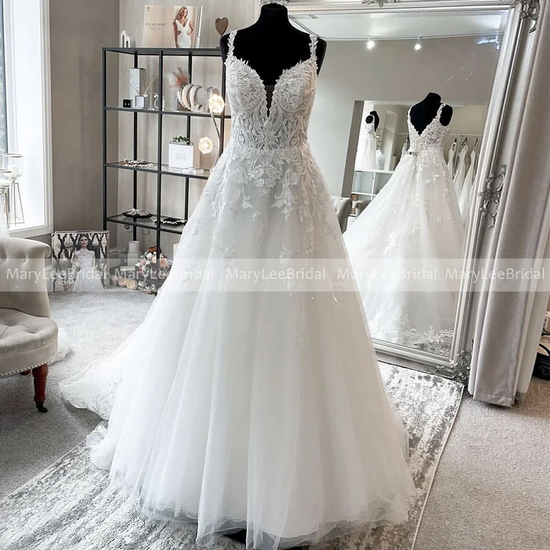 White V-Neck A-Line Civil Bridal Gown with Thin Straps Illusion Lace Appliqués Princess Wedding Dresses 2024 vestido de noivia