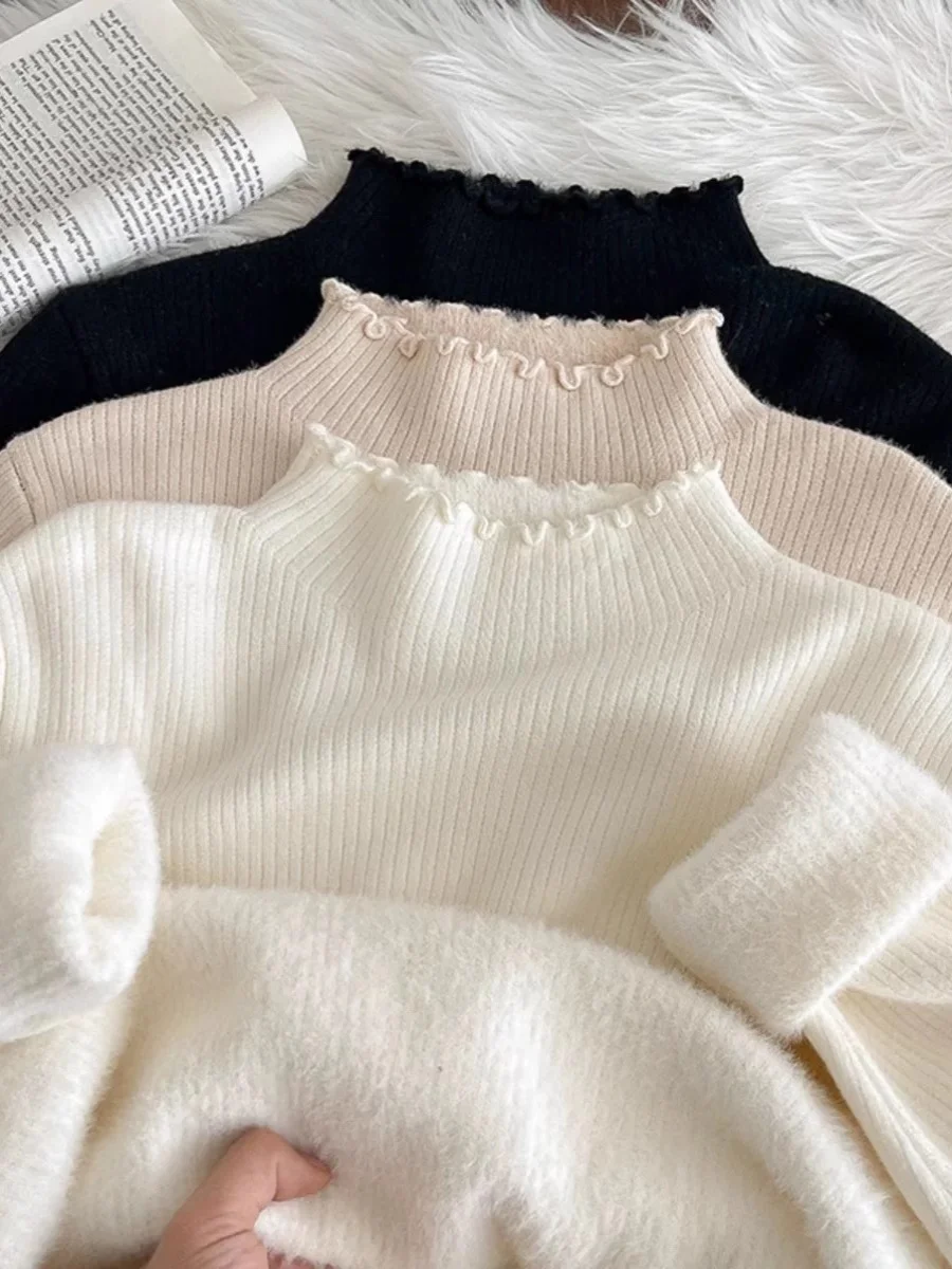 

Женский утепленный свитер с высоким воротником и флисовой подкладкой, вязаный, с бархатным эффектом, осенне-зимний, новая модель, базовая кофта для ношения под одеждой