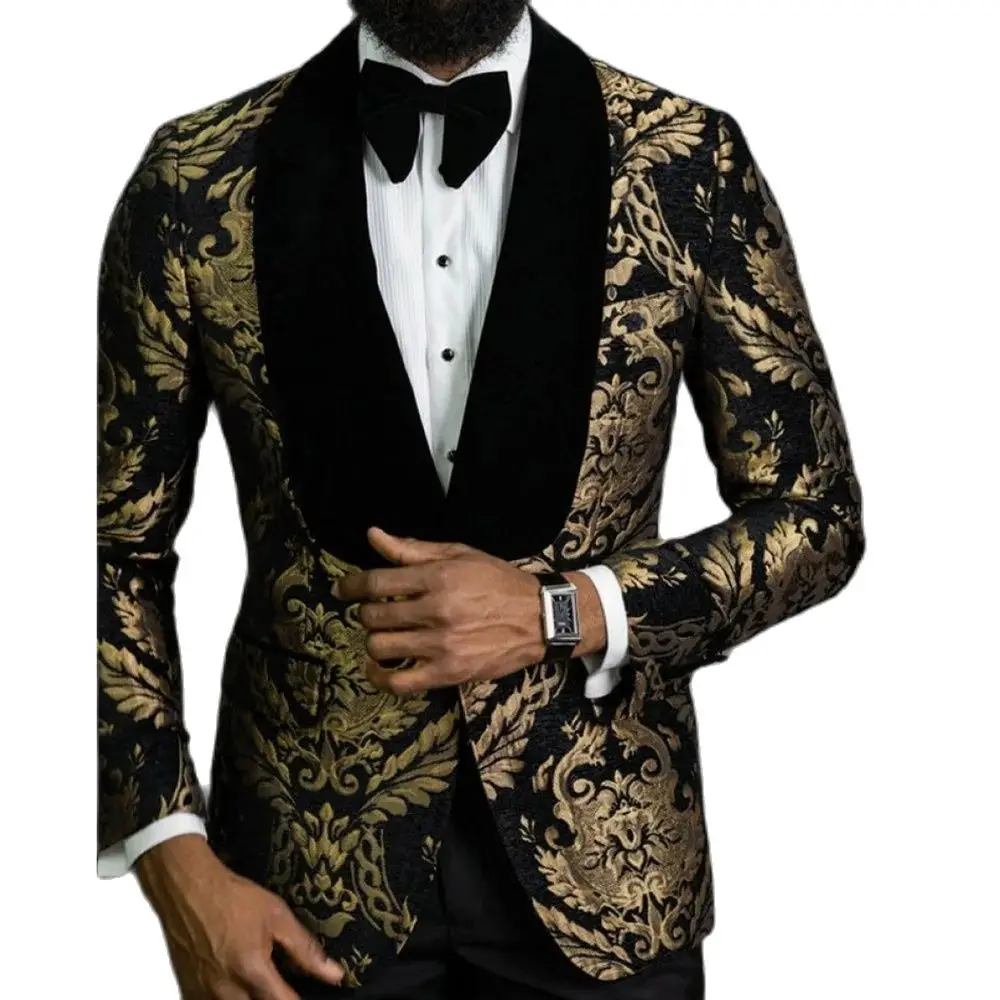 Luxury Men\'s Blazer Black and Glod Jacquard Fabric Shawl Lapel Single Breasted Formal Suits One Pcs Jacket Slim Fit High Quality