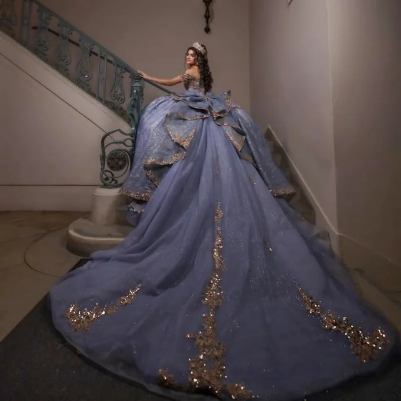 Shiny slate blue Quinceanera Dress off-shoulder crystal glitter decal Bow Long tail vestidos de 15 Quinceanera ﻿Customize