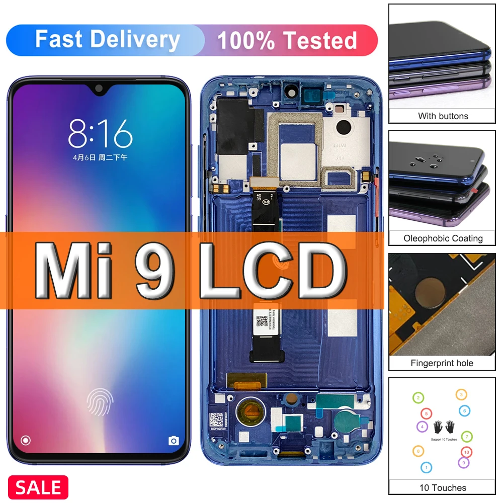 AMOLED For Xiaomi Mi 9 Mi9 LCD Display Touch Screen Digitizer Assembly With Frame For Xiaomi Mi9 M1902F1G Screen Replacement