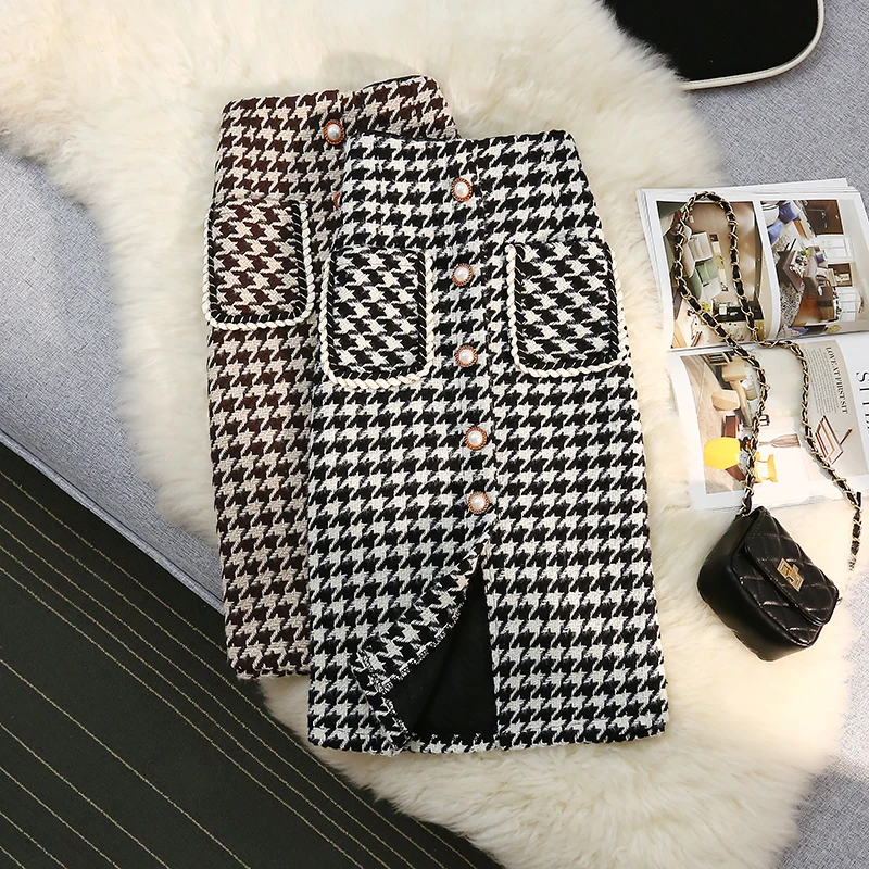 

Elegant Houndstooth Woolen Skirts For Women Autumn Winter High Waist Single Breasted Tweed Midi Skirts Jupe Femme Faldas