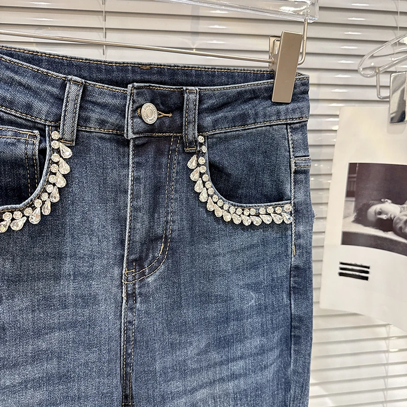 KBQ Solid Spliced Diamonds Slimming Denim Pants For Women High Waist Patchwork Button Spring Casual Jeans Female Fashion Style