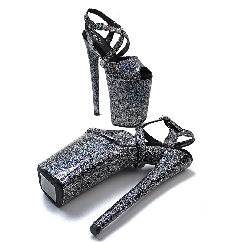 Leecabe 23cm/9inches Shiny glitter  PU upper Open toe  Platform high heel sandals  sexy model shoes pole dance shoes