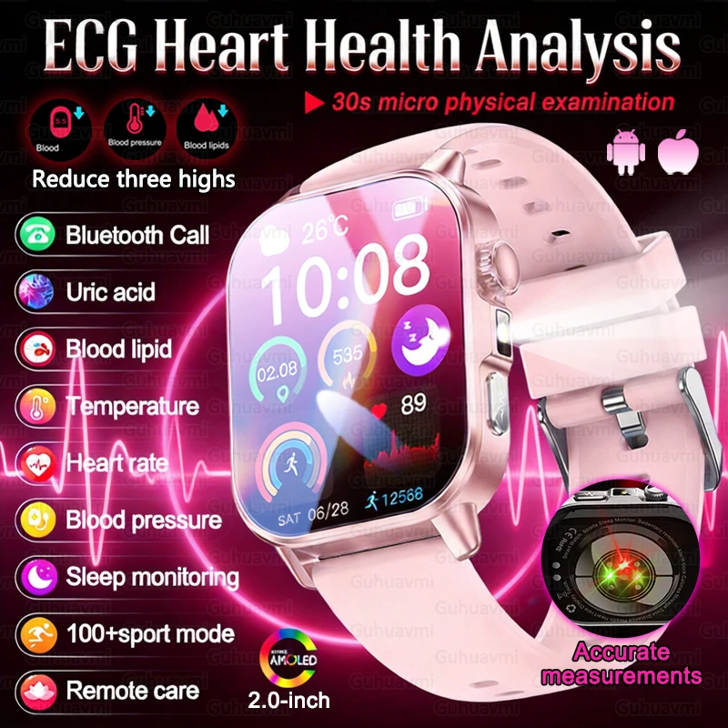 

2026 New ECG Smart Watch Women BT Call Heart Rate Blood lipids Uric Acid Health Monit Watches AI Voice 450mAh Sports Smartwatch