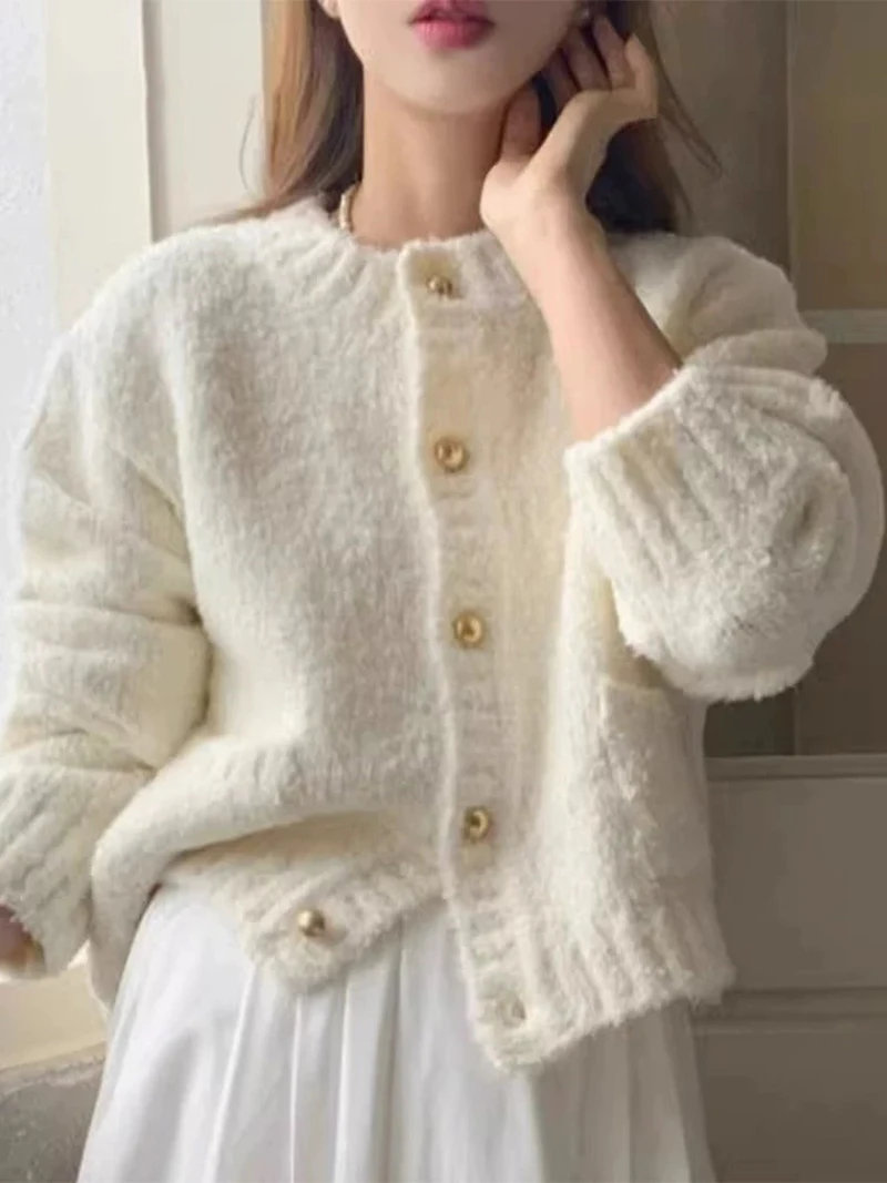 

French Retro Knitted Cardigan For Women Autumn Winter Milk White Sweater Single Breasted O-Neck Warm Soft Style Thick Coat