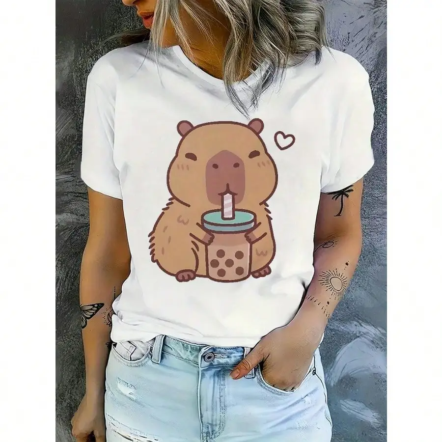 

2025 New Women's Casual Short Sleeve T Shirt Cute Capybara Bubble Tea Graphic Print 100% Lightweight Round Neck