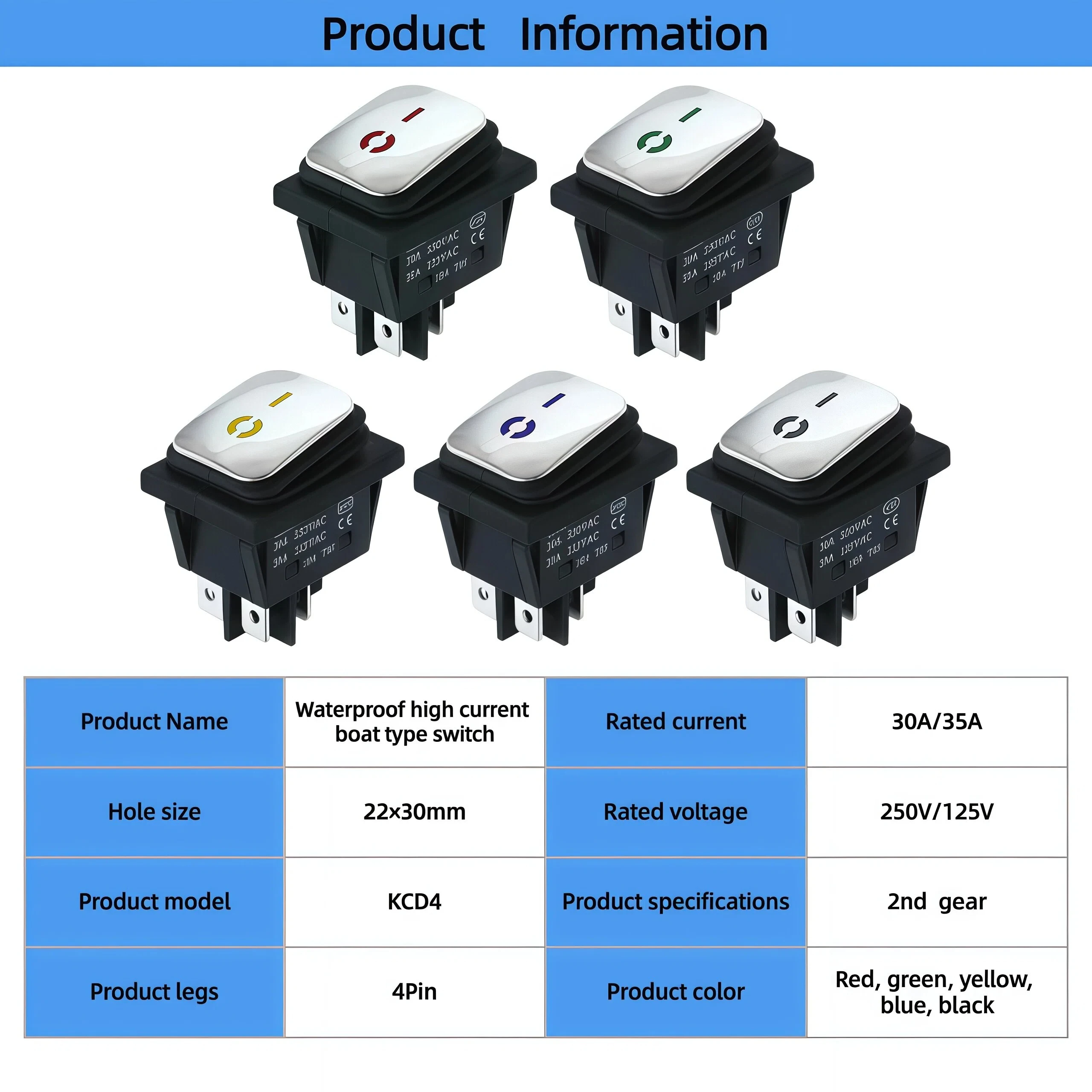 Interruttore a bilanciere impermeabile con superficie in acciaio inossidabile KCD4, tipo leggero, 4 pin, 2 posizioni, LED 220 V, interruttore a bilanciere ad alta corrente
