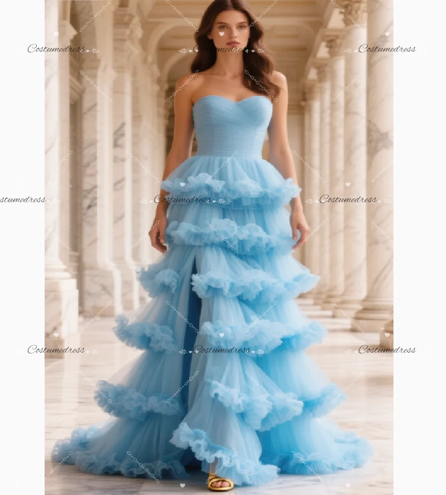 Vestido de Fiesta Azul Celeste Glamuroso con Abertura, Volantes en Capas, Tul, Escote Corazón, Vestido de Noche 2026, Elegante, de Lujo, para Ceremonia, Fiesta Formal