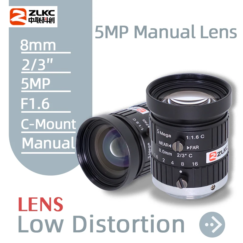 ZLKC C-Mount 8mm Fixed Focal Lens Low Distortion CCTV HD F1.6 5Megapixel Machine Vision Manual Iris FA Len for Industrial Camera