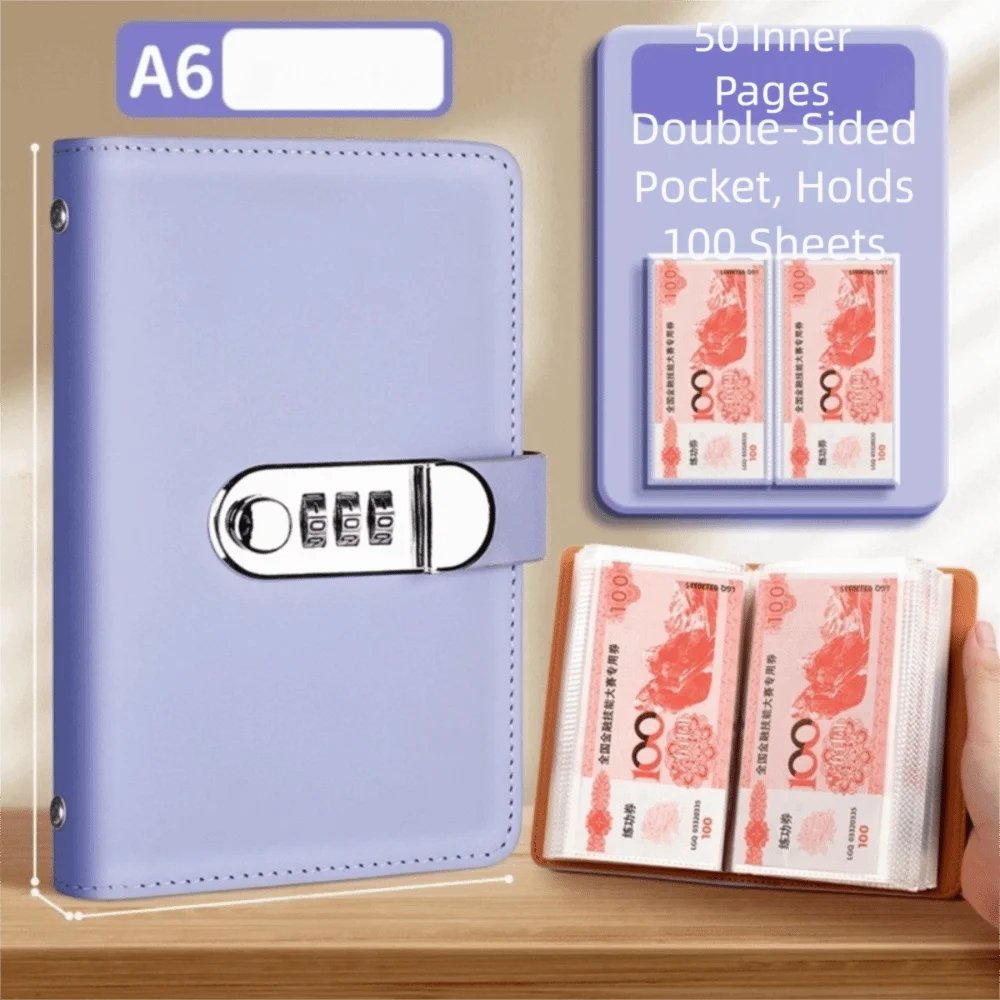 Raccoglitore per Risparmio 50 Fogli in Pelle PU, Organizer Planner Ricaricabile, Portafoglio Portatile con Chiusura a Lucchetto