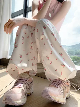 Y2k calças florais femininas baggy harajuku all-match moda tornozelo estilo coreano calças casuais de cintura alta outono faculdade calças diárias