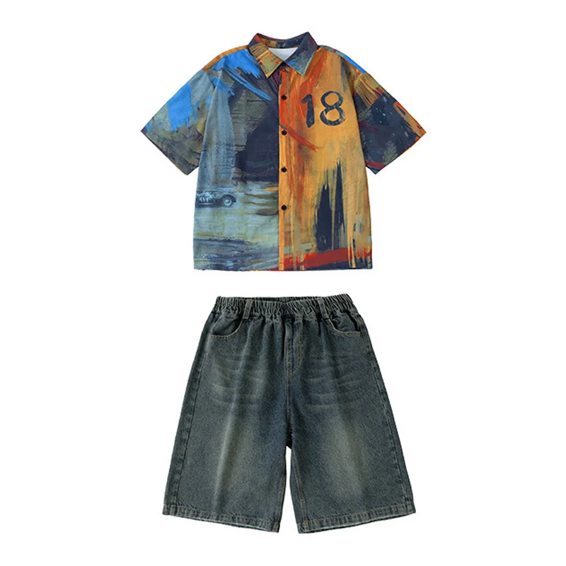 طفل الهيب هوب الملابس مجموعات النفط اللوحة طباعة قميص خمر الدينيم شورت جينز السراويل الأوسط لفتاة صبي ملابس رقص الجاز