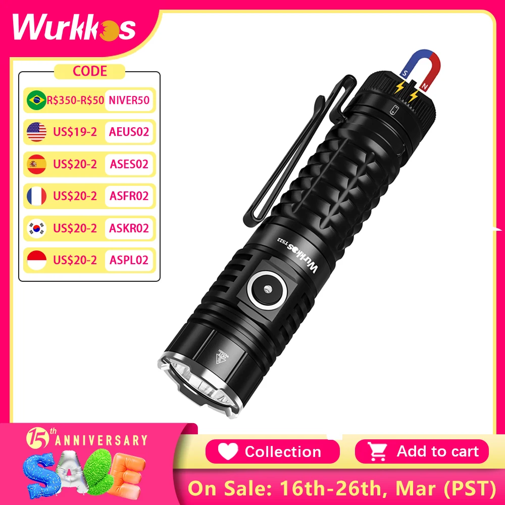 Wurkkos TS22 Rechargeable 21700 LED Flashlight XHP70.2 Powerful Max 4500LM IP68 with Magnet Tail & Reverse Charging for Hiking