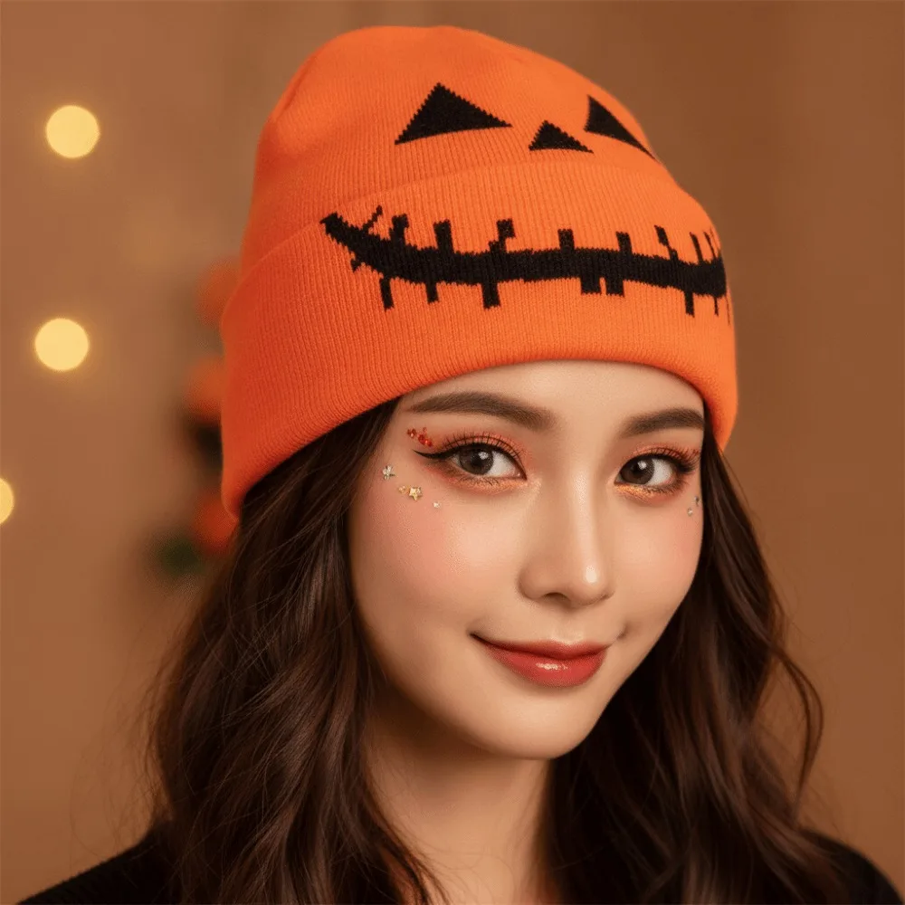 Knitted Fabric Pumpkin Beanie Hat Pumpkin Orange Soft Texture Halloween Knitted Cap Warm Breathable Hip Hop Skullcap