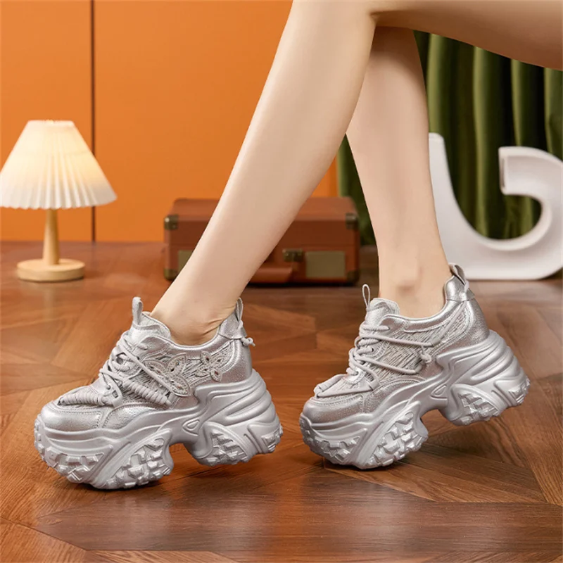 9cm Air Mesh Chunky Sneaker Genuine Leather Shoes Mules Shoes Summer Platform Wedge Women Microfiber Slippers Slides