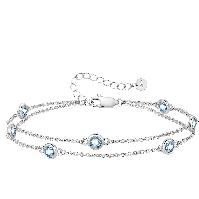 

Hypoallergenic 925 Silver Birthstone Bracelet, Women Double Strand Charm Link Minimalist Birthday Christmas Gift