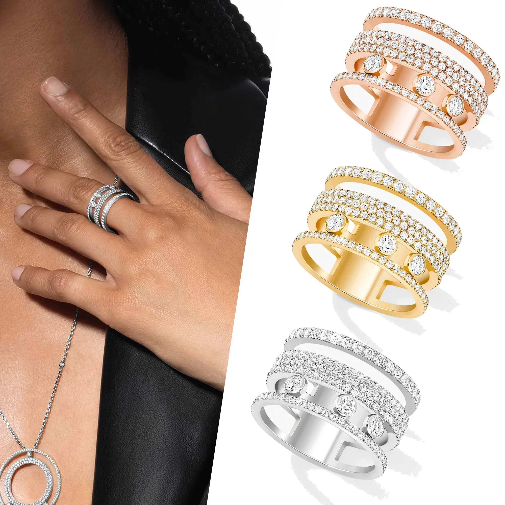 

2025 release of new sterling silver s925 multi-layer hollow movable three diamond design, brand boutique jewelry gift ring