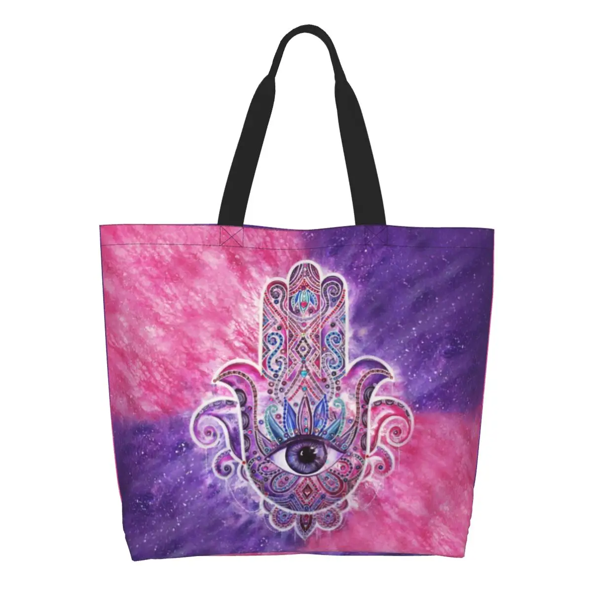 Cute Hamsa Hand Shopping Tote Bags Reusable Amulet Hand Of Fatima Canvas Groceries Shoulder Shopper Bag