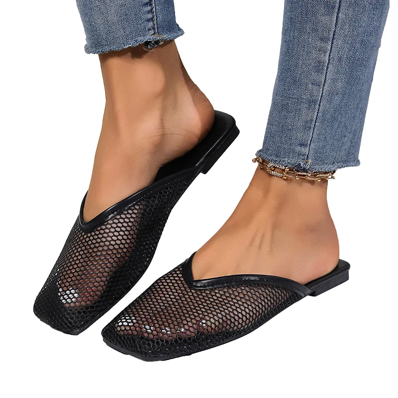 Mesh Breathable Mules Shoes Women Flats Slippers Summer Designer Square Toe Walking Slingback Flip Flops Home Female Slides